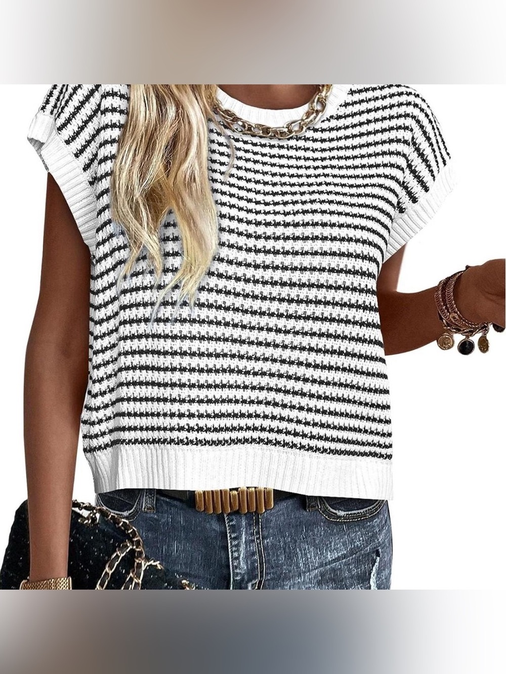 Amy Black and Ivory Striped Boxy Cropped Sweater